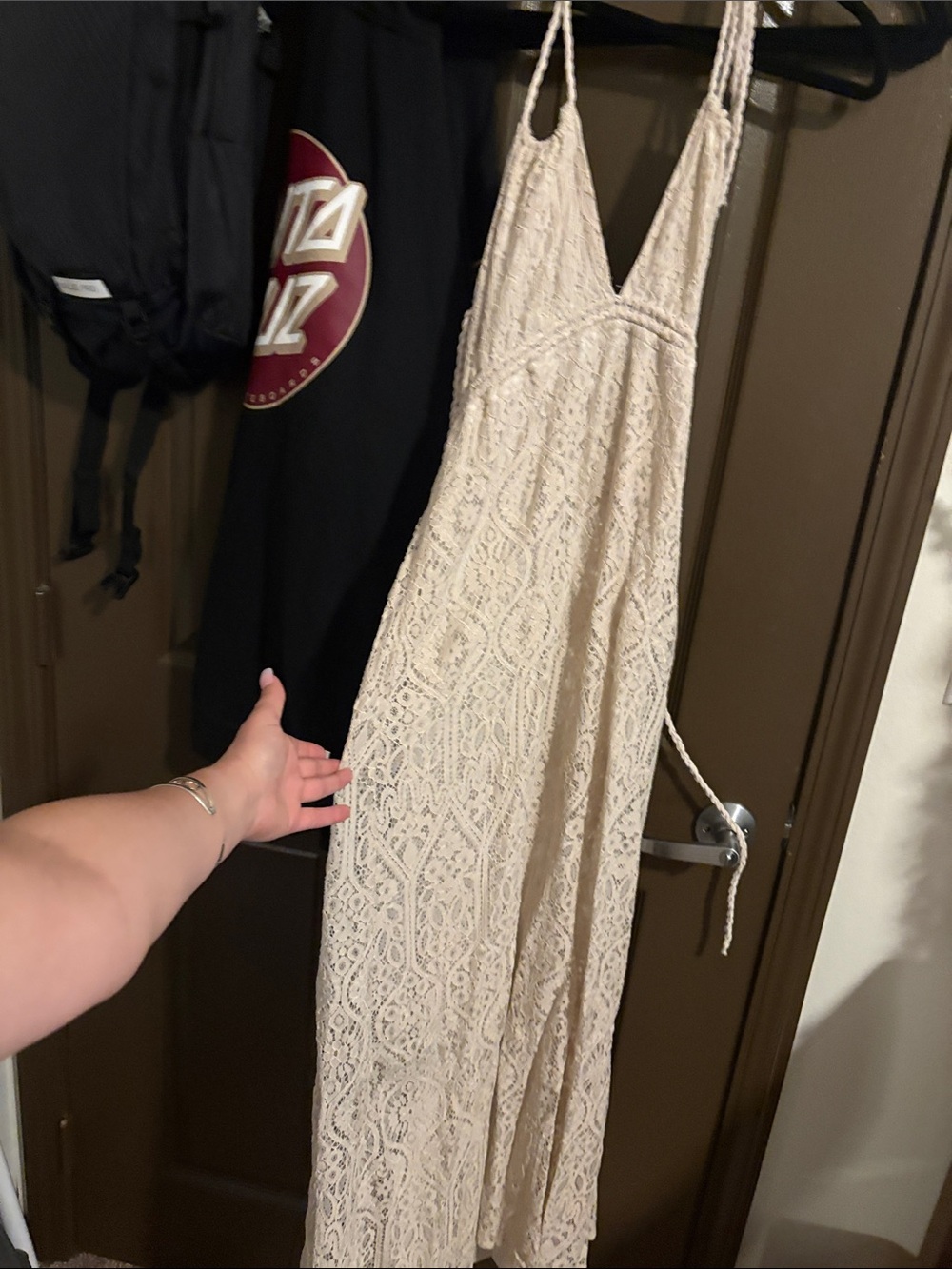Cream Lace Maxi Dress with V-Neck and Braided Straps